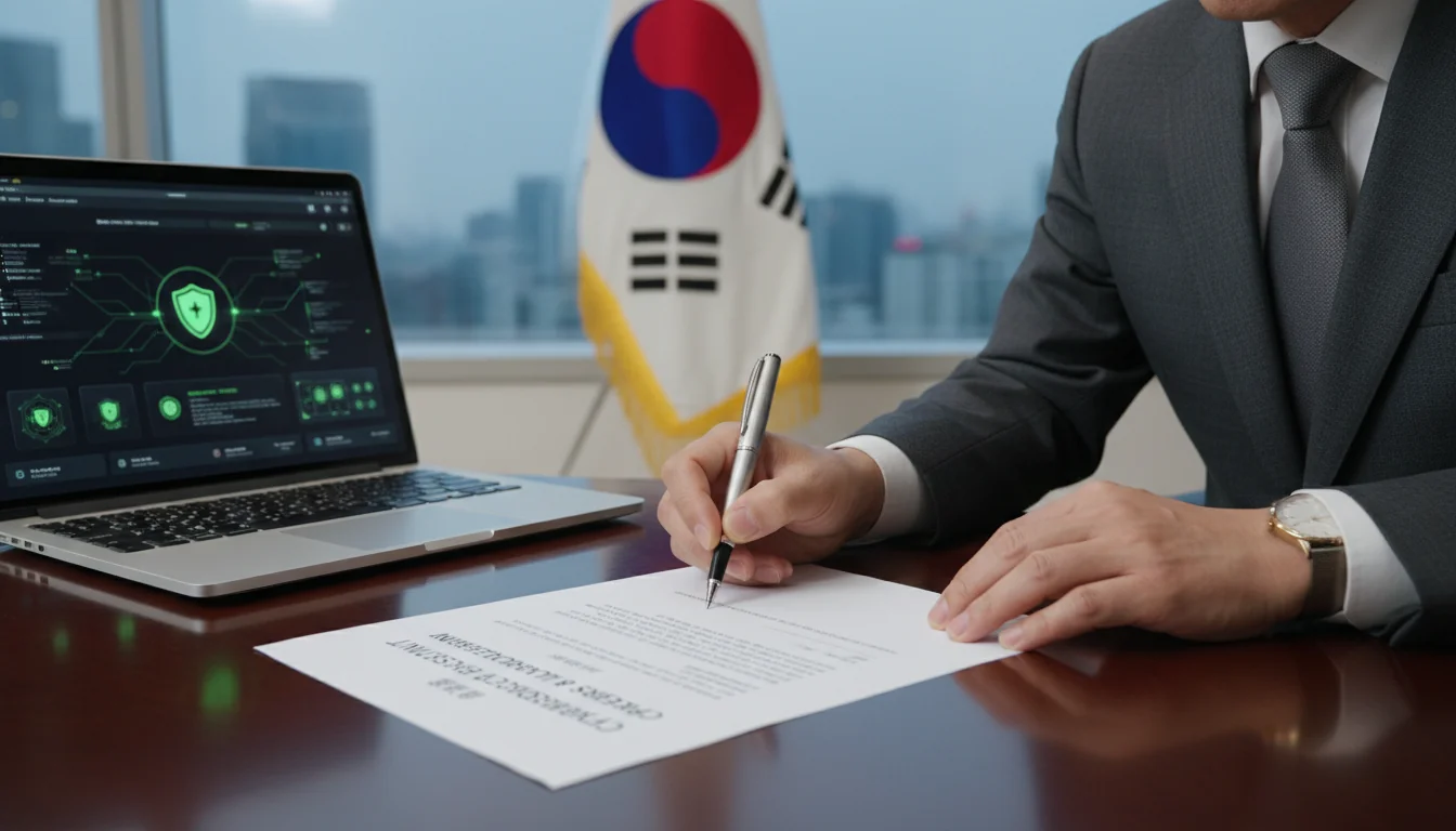 Korean executive signing policy document.
