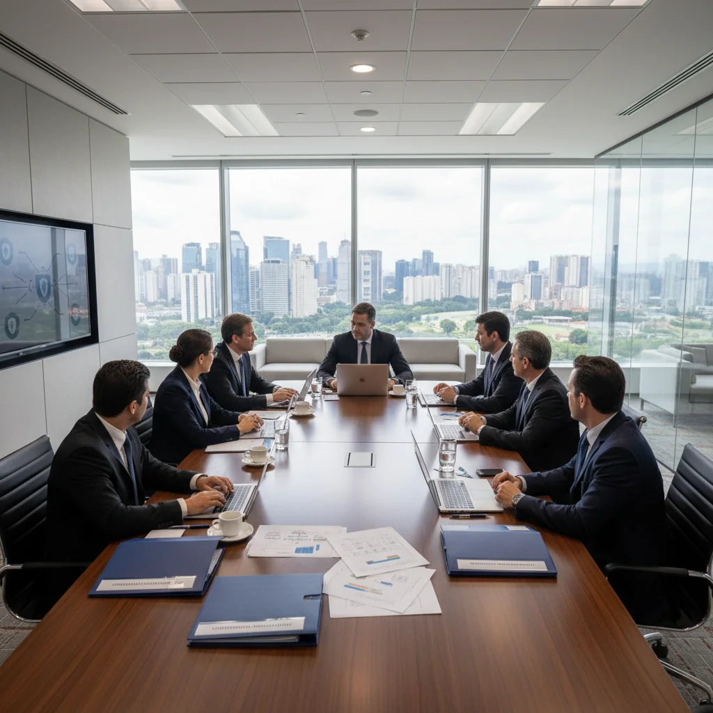 A photorealistic image of a professional corporate office environment in Brazil, featuring a diverse team of adult business professionals reviewing secure information policies on digital screens, with subtle Brazilian elements like a flag or tropical plants in the background, emphasizing security and compliance in information management.