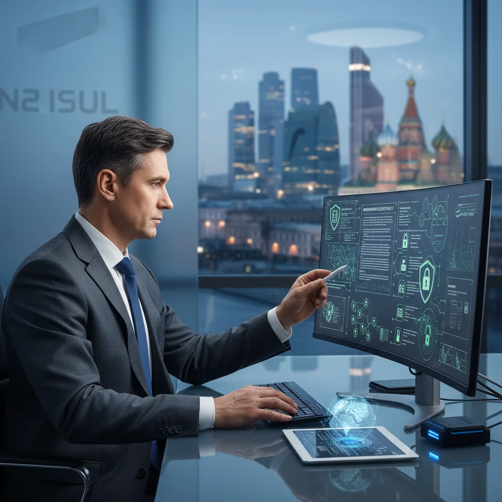 A photorealistic image of a professional corporate executive in a modern Russian office setting, carefully reviewing digital security protocols on a computer screen, with subtle Russian national elements like a flag or Moscow skyline in the background, symbolizing information security policy in a business context.