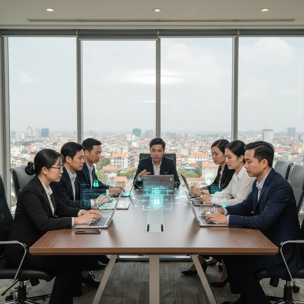 A photorealistic image of a professional Vietnamese business team in a modern corporate office in Vietnam, collaboratively reviewing cybersecurity protocols on secure laptops and digital screens, emphasizing data protection and network security, with subtle Vietnamese cultural elements like a flag or Hanoi skyline in the background, conveying trust and vigilance in corporate cybersecurity practices.