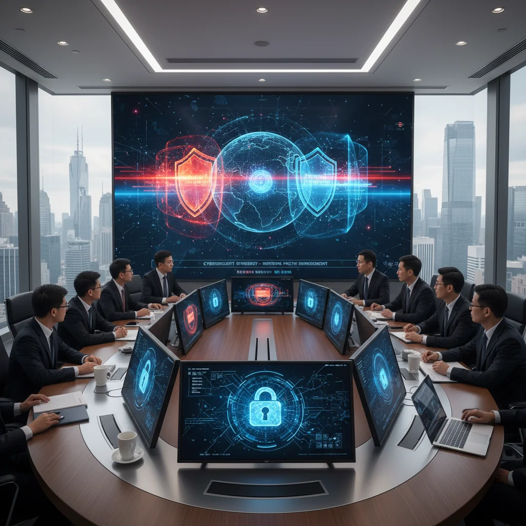 A photorealistic image depicting a professional corporate office environment in China, with diverse adult business professionals collaborating on cybersecurity measures around a conference table with laptops and digital screens showing secure network icons, symbolizing the implementation of network security policies in corporate settings. No children are present.