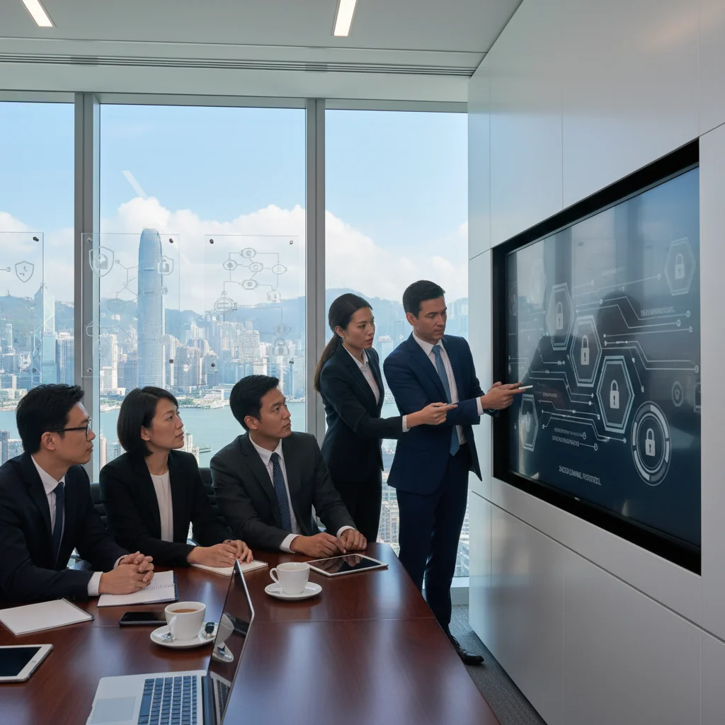 A photorealistic image of a professional business team in a modern Hong Kong office, collaborating on cybersecurity strategies around a conference table with laptops displaying secure network icons and digital locks, emphasizing protection and policy compliance in a corporate setting, no children present.