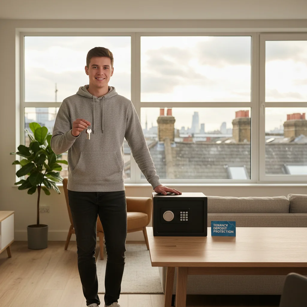 A photorealistic image of a relieved adult tenant in a modern UK apartment, holding a key and smiling confidently while standing next to a secure deposit box, symbolizing the protection of their tenancy deposit through proper documentation. No children are present in the image.