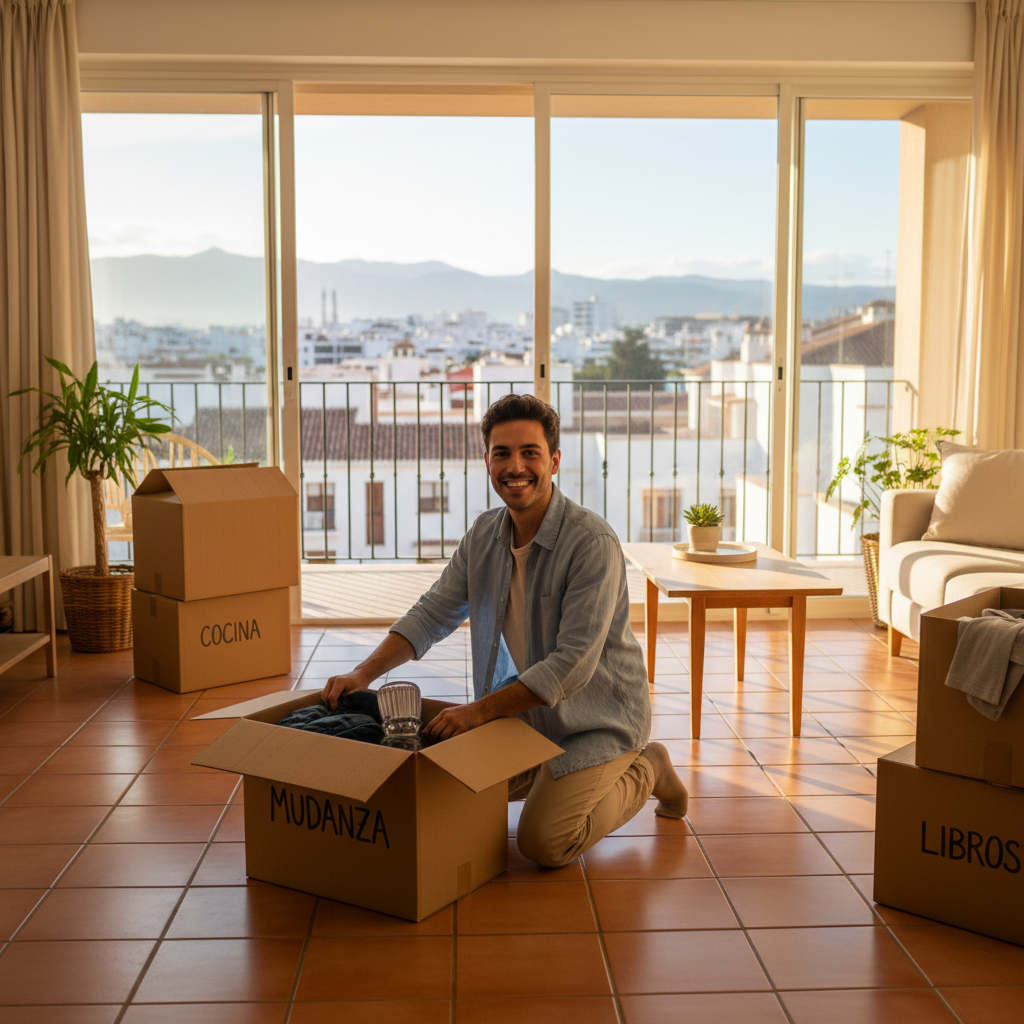 A photorealistic image of a young adult tenant happily moving into a modern Spanish apartment, unpacking boxes in a sunny living room with typical Spanish architectural elements like tiled floors and balcony views, symbolizing the security and start of a new rental agreement without focusing on any documents.