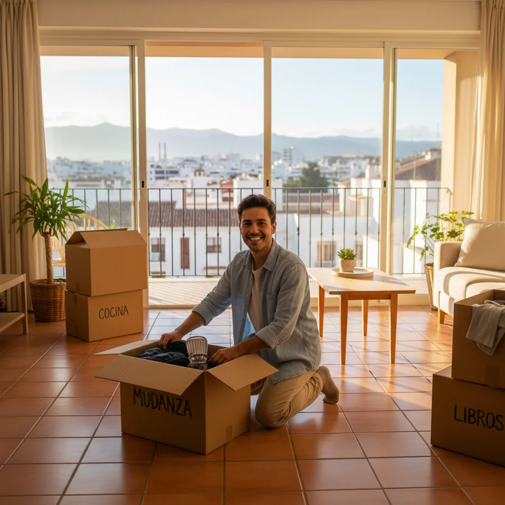 A photorealistic image of a young adult tenant happily moving into a modern Spanish apartment, unpacking boxes in a sunny living room with typical Spanish architectural elements like tiled floors and balcony views, symbolizing the security and start of a new rental agreement without focusing on any documents.