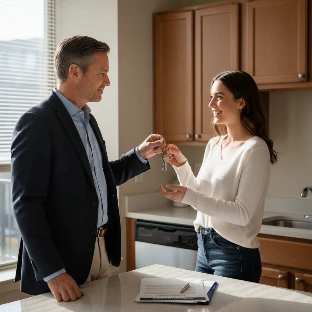 A photorealistic image of a professional landlord in a modern apartment, handing over keys to an adult tenant while reviewing paperwork at a kitchen counter, symbolizing the secure and careful handling of security deposits in rental agreements, with warm natural lighting and no children present.