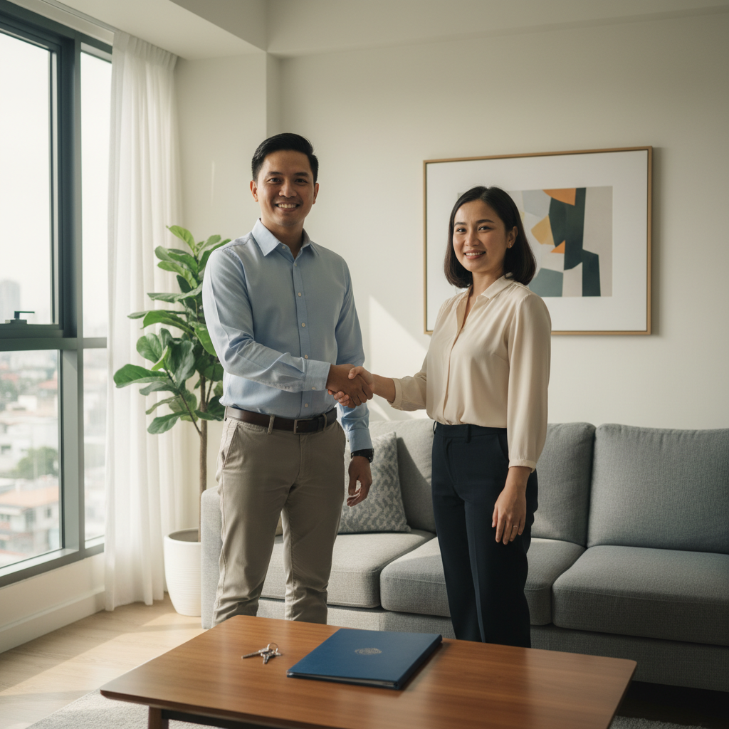A photorealistic image of a professional adult landlord and tenant shaking hands in a modern apartment, symbolizing a secure rental agreement and trust in property leasing, with subtle elements like a key and a lease folder in the background, no children present, no legal documents shown prominently.