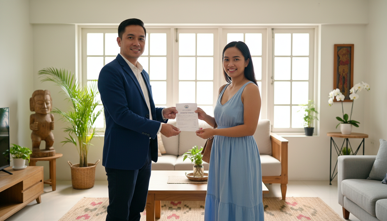 Landlord handing security deposit receipt to tenant