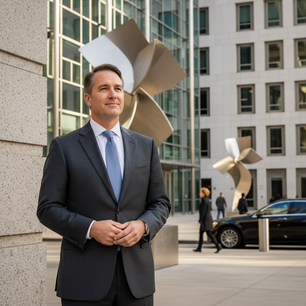A photorealistic image representing the concept of bail or surety maintenance in a legal context, showing a professional adult in a courtroom setting, perhaps a lawyer or defendant looking relieved after a hearing, symbolizing security and assurance without depicting any documents.