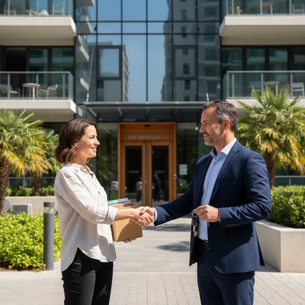 A photorealistic image of a smiling adult tenant handing over keys to a happy adult landlord in front of a modern apartment building, symbolizing the positive aspects of rental agreements and deposit confirmations for both parties.