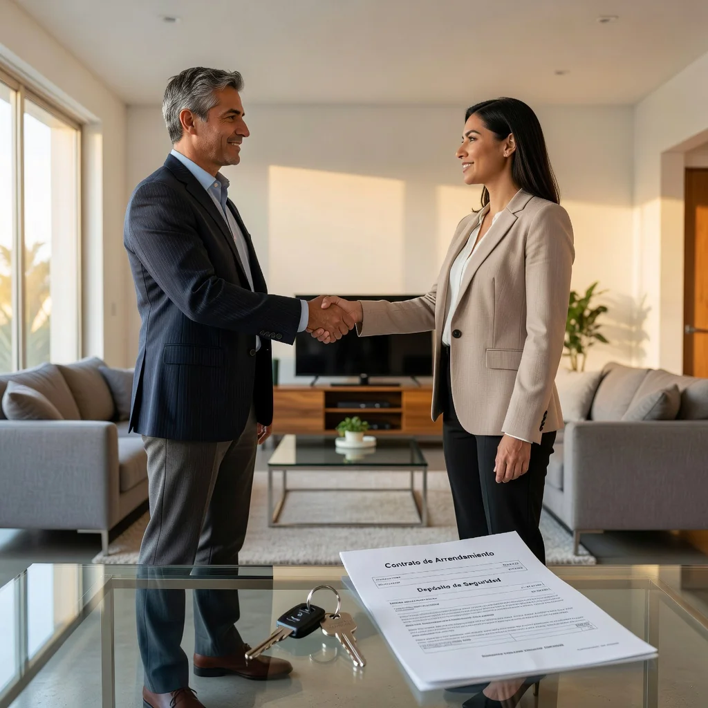 A photorealistic image representing the concept of a security deposit in Mexican rental agreements, showing a professional adult landlord and tenant shaking hands in a modern apartment setting, with subtle elements like a key and a lease agreement in the background, symbolizing trust and legal obligations in housing security deposits.