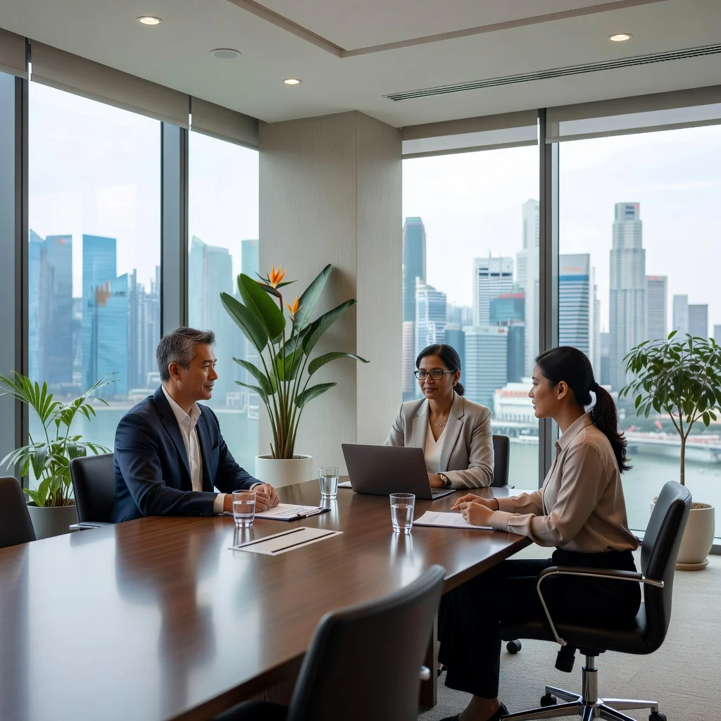A photorealistic image depicting a professional mediator facilitating a calm discussion between two adults in a modern Singapore office setting, symbolizing the resolution of a security deposit dispute without showing any legal documents.