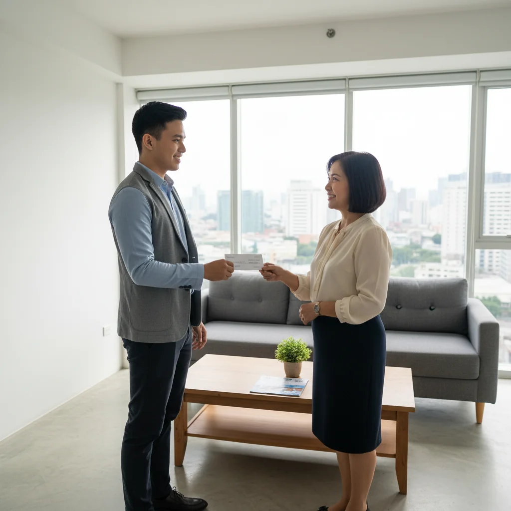 A photorealistic image of a satisfied adult tenant handing over a security deposit check to a professional landlord in a modern Philippine apartment setting, symbolizing trust and agreement in rental transactions, with no children present.