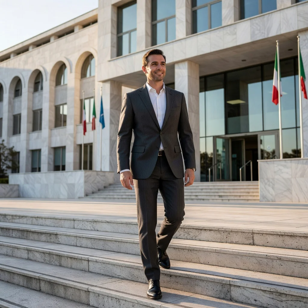 A photorealistic image representing the concept of bail receipt in Italy, showing a relieved adult person leaving a modern Italian courthouse with a sense of freedom, symbolizing release on bail. The scene includes Italian architectural elements in the background, under a clear sky, conveying security and legal resolution without displaying any documents.