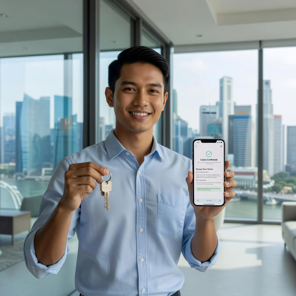 A photorealistic image of a young adult tenant in a modern Singapore apartment, smiling confidently while holding a set of keys in one hand and a smartphone showing a rental agreement app in the other, with the city skyline visible through a large window in the background, symbolizing security and trust in rental housing without focusing on legal documents, no children present.