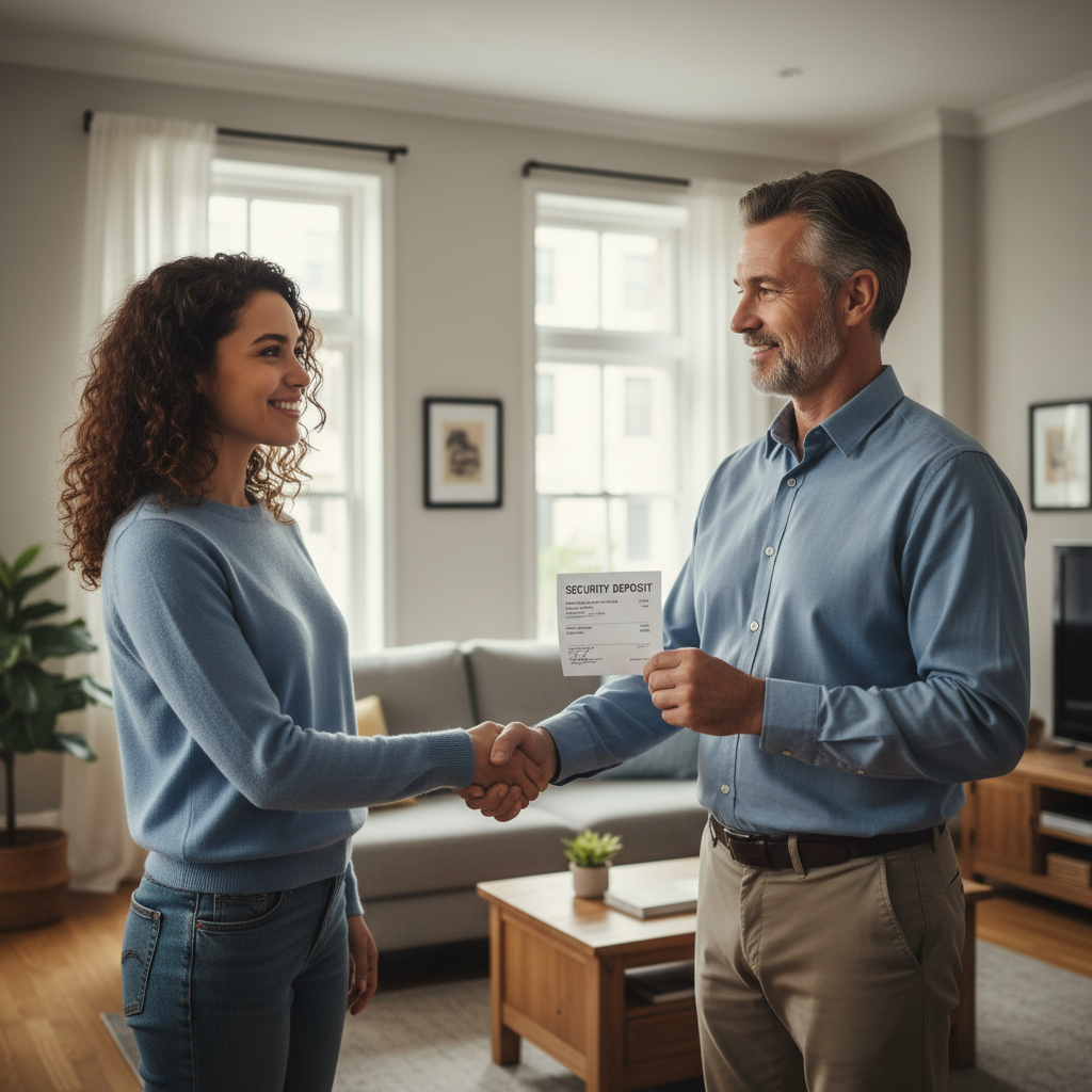 A photorealistic image of an adult tenant happily receiving a receipt from a landlord in a modern apartment setting, symbolizing the security deposit process in a rental agreement, with no children present.
