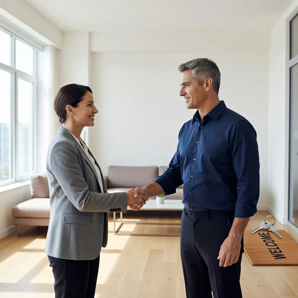 A photorealistic image of two adults shaking hands over a rental agreement in a modern apartment setting, symbolizing the legal commitment in a lease without showing any documents directly.