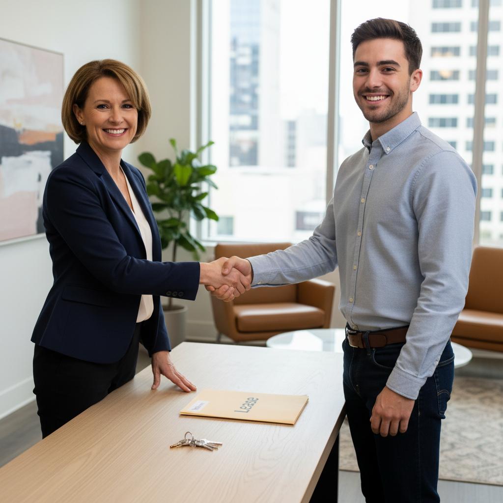A photorealistic image of a professional landlord and tenant shaking hands in a modern apartment, symbolizing a secure rental agreement and the trust involved in handling security deposits. The setting includes a leasing office with subtle background elements like keys and a lease folder, but no actual documents visible. No children are present in the image.