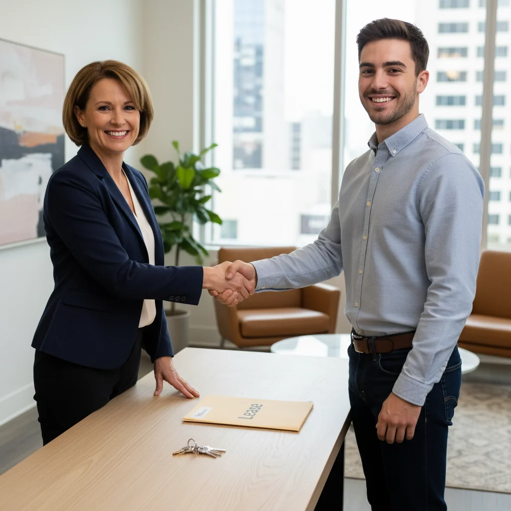 A photorealistic image of a professional landlord and tenant shaking hands in a modern apartment, symbolizing a secure rental agreement and the trust involved in handling security deposits. The setting includes a leasing office with subtle background elements like keys and a lease folder, but no actual documents visible. No children are present in the image.
