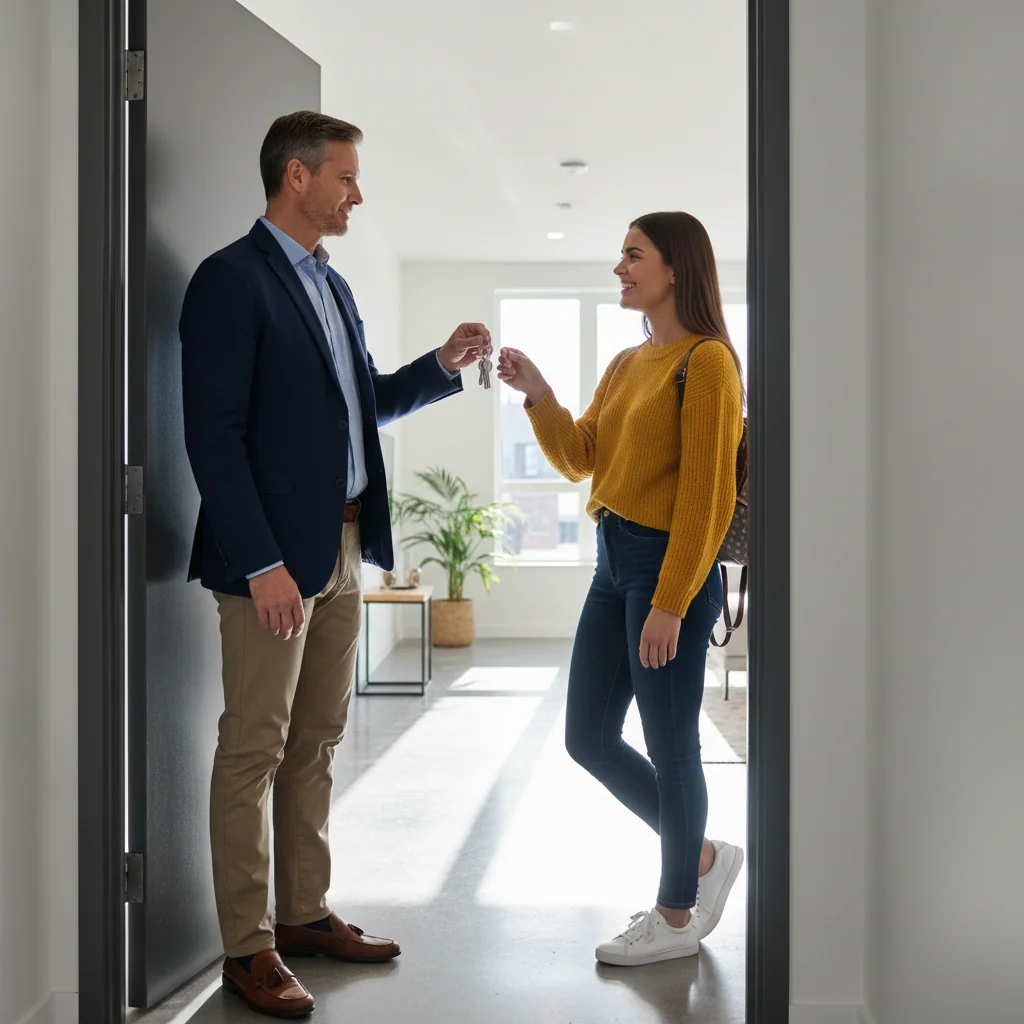 A photorealistic image of a professional landlord or property manager handing over keys to an adult tenant in a modern apartment setting, symbolizing the start of a secure rental agreement and the importance of proper documentation like security deposit receipts.