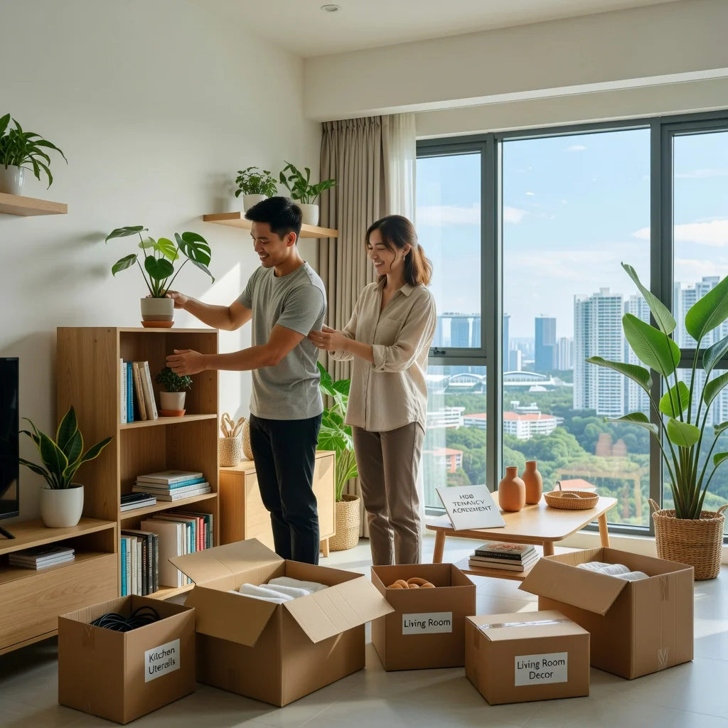 A photorealistic image of a young adult couple in a modern Singapore apartment, smiling as they unpack boxes and organize their new home, symbolizing the security of a rental agreement without showing any legal documents.