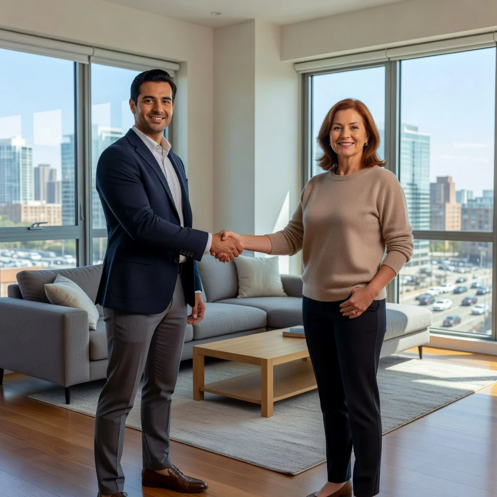 A photorealistic image representing the concept of securing a deposit guarantee for renting or leasing, such as a professional adult shaking hands with a landlord in a modern apartment setting, symbolizing trust and agreement in property transactions, with no children present.