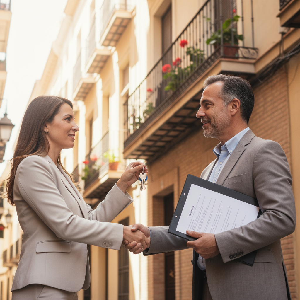 A photorealistic image of a relieved adult tenant receiving keys to a modern Spanish apartment from a professional landlord, symbolizing the security and purpose of a bail receipt in rental agreements in Spain, with subtle Spanish architectural elements in the background.