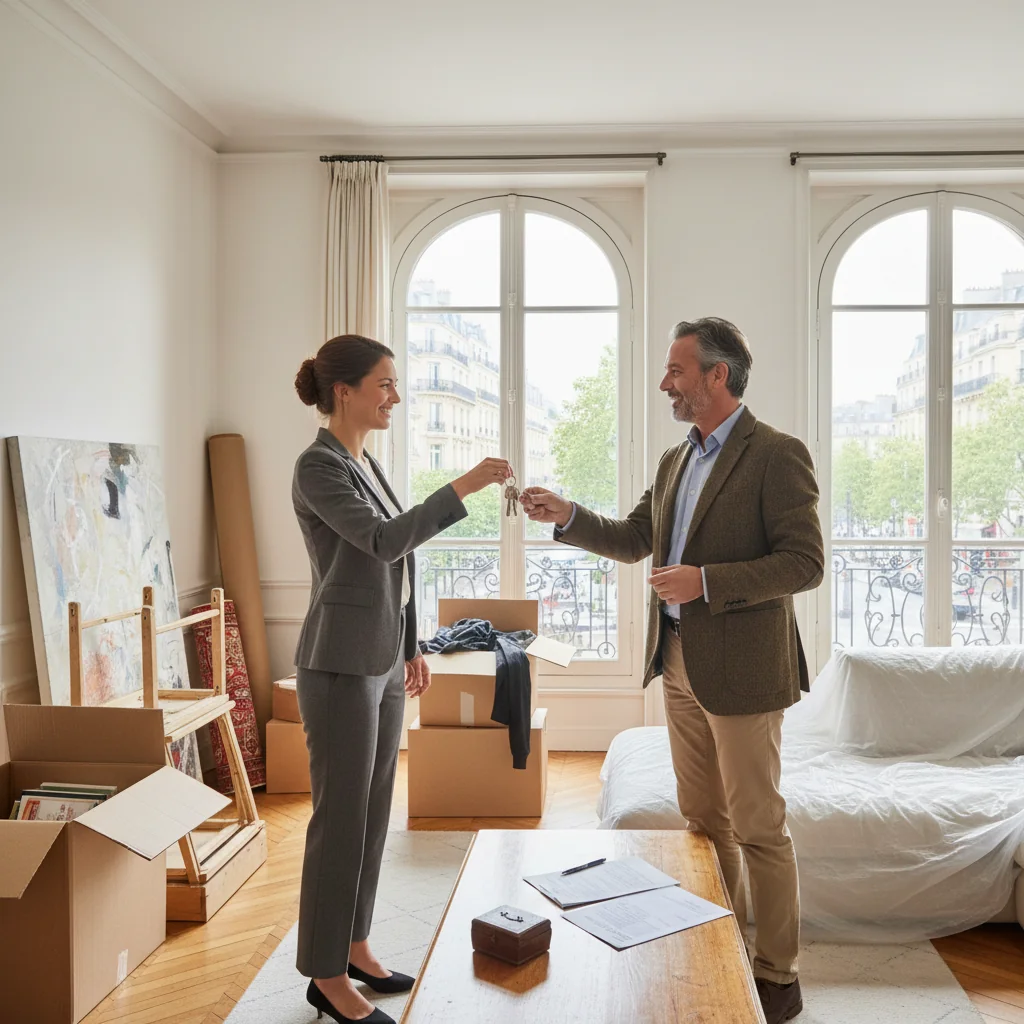 A photorealistic image of a satisfied adult tenant moving into a modern French apartment, handing over keys to a landlord in a bright, welcoming living room with French decor elements like Eiffel Tower view, symbolizing the security deposit exchange in rental agreements.