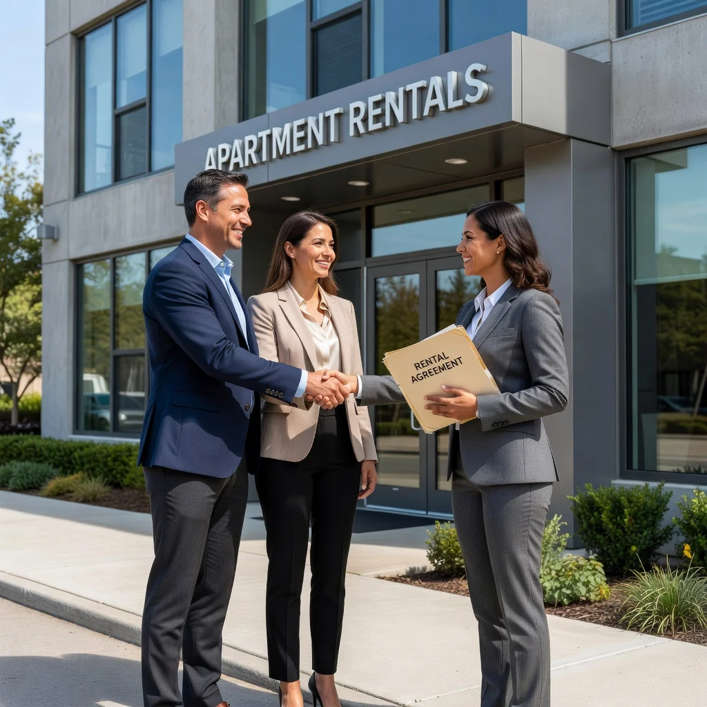 A photorealistic image of a professional adult couple in their mid-30s shaking hands with a real estate agent in front of a modern apartment building, symbolizing the agreement and security of a rental lease with a security deposit. The scene conveys trust, responsibility, and home rental concepts without showing any legal documents. No children are present.