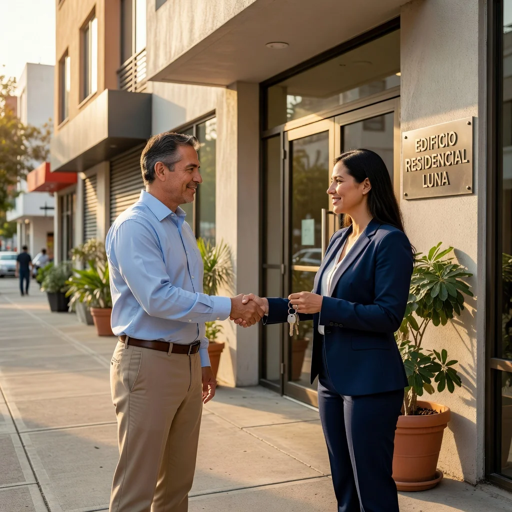 A photorealistic image representing the purpose of a security deposit receipt in Mexico, showing a satisfied adult tenant receiving keys to a modern apartment from a real estate agent, symbolizing the start of a secure rental agreement, with a subtle Mexican cityscape in the background.