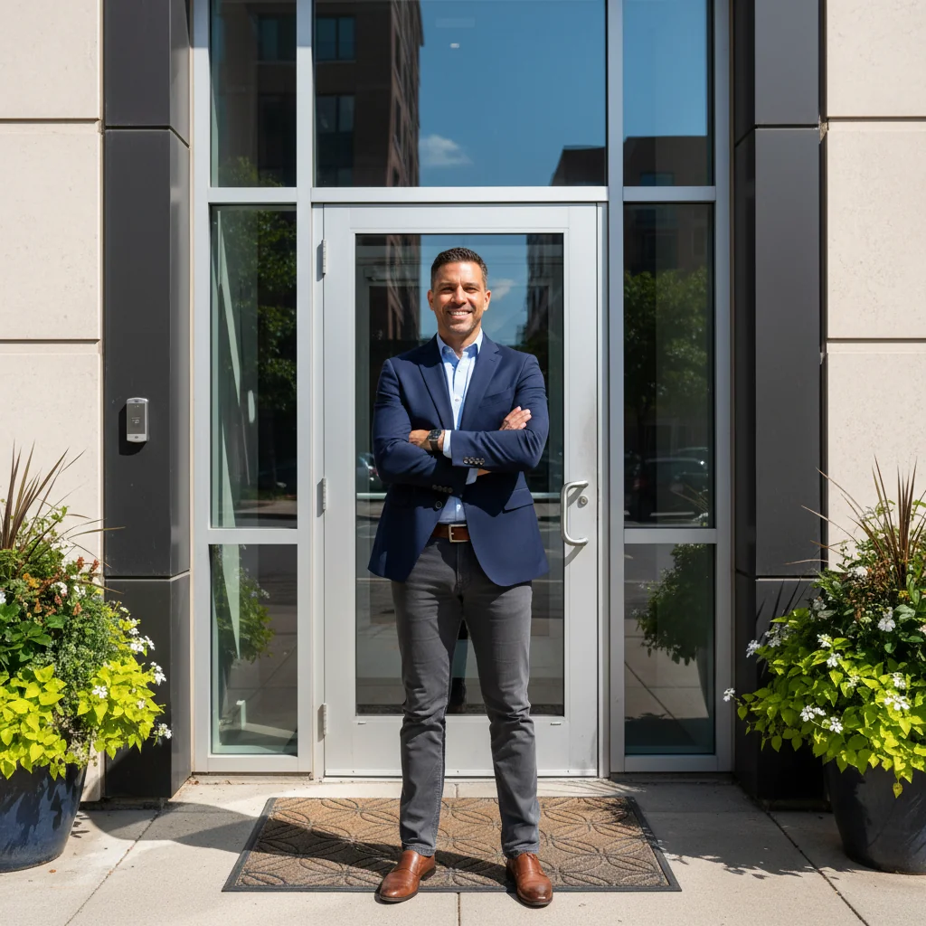 A photorealistic image of a professional landlord, an adult in business attire, standing confidently in front of a modern apartment building entrance, symbolizing the security and trust involved in rental deposit processes. The scene evokes reliability and property management without showing any legal documents or children.