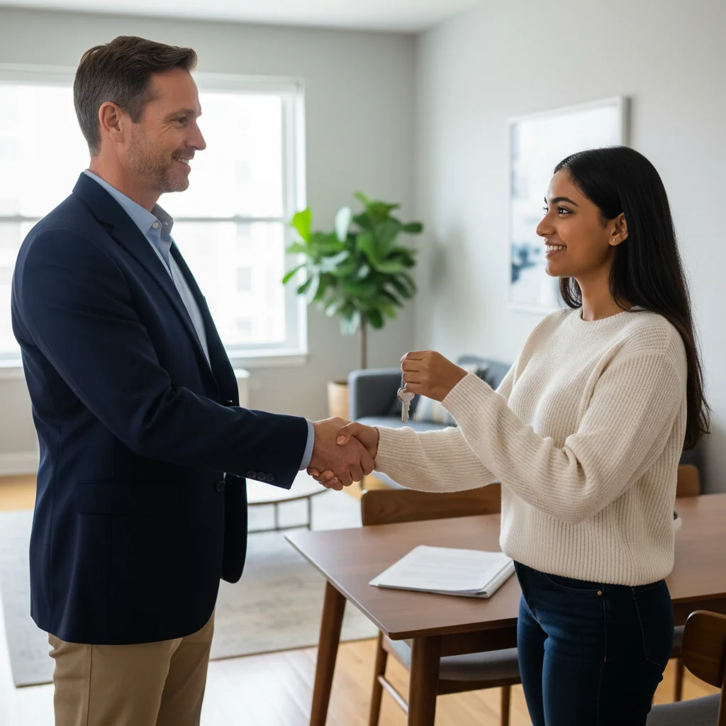 A photorealistic image of a professional landlord in a modern UK apartment, handing over keys to an adult tenant while smiling, symbolizing trust and security in rental agreements. The scene includes subtle elements like a lease agreement on a table in the background, but no focus on documents. No children are present.