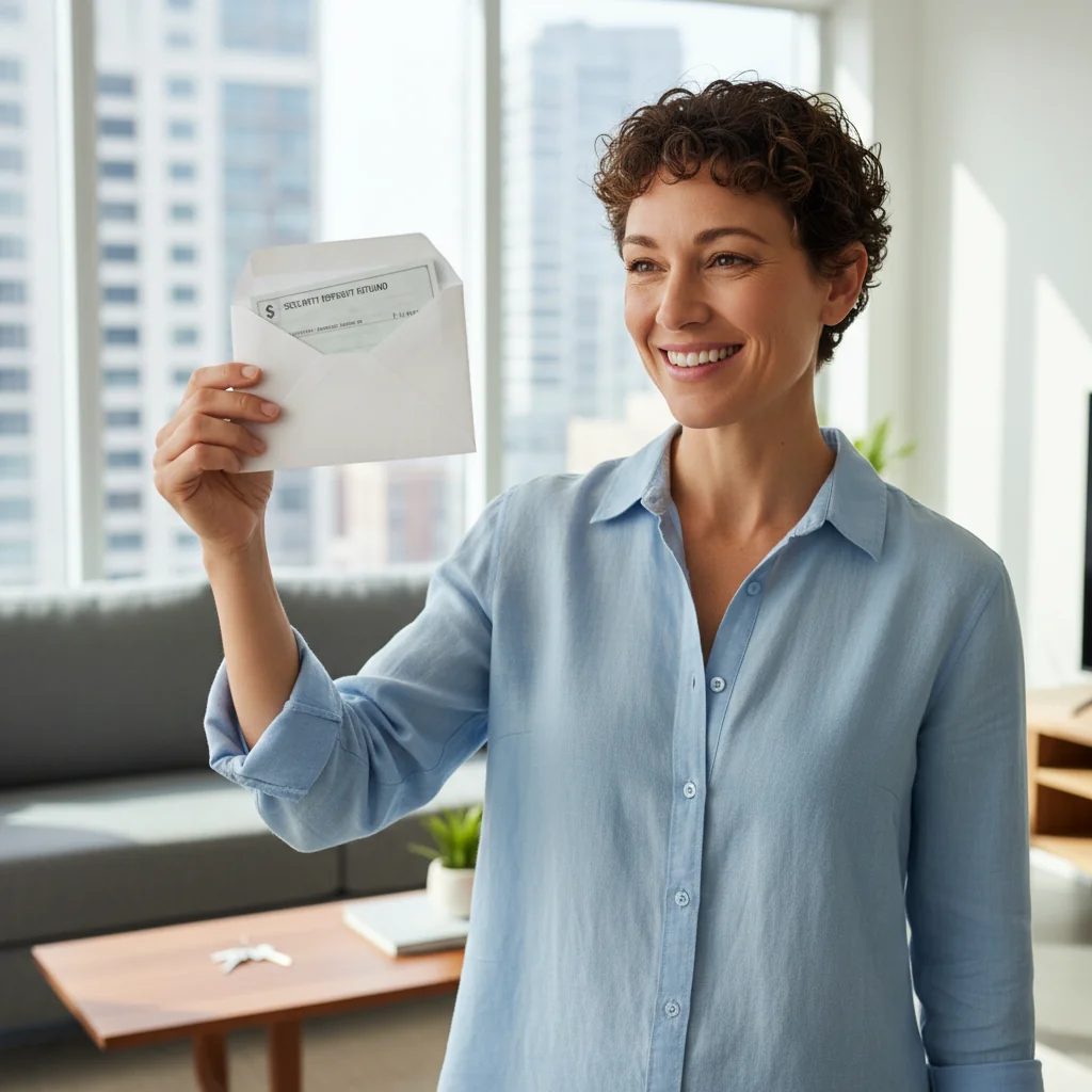 A photorealistic image of an adult person looking relieved and happy while holding a check or envelope symbolizing the return of a security deposit, in a modern apartment setting with keys on a table, representing the successful recovery of bail or deposit money.