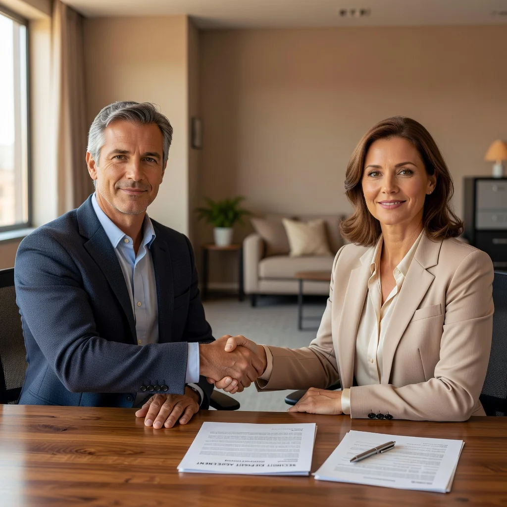 A photorealistic image of two adults shaking hands over a table in a professional setting, symbolizing a successful agreement and trust in a rental or deposit transaction, with a subtle background of a home interior to represent housing without focusing on documents.
