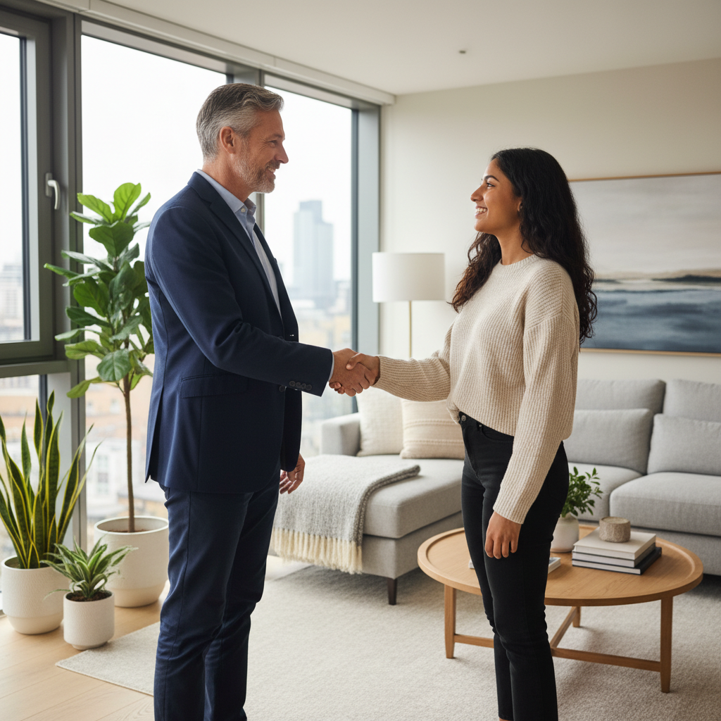 A photorealistic image of a professional adult landlord and tenant shaking hands in a modern, well-lit apartment living room, symbolizing the agreement and security of a tenancy deposit under UK housing laws. The scene conveys trust and protection without showing any legal documents.