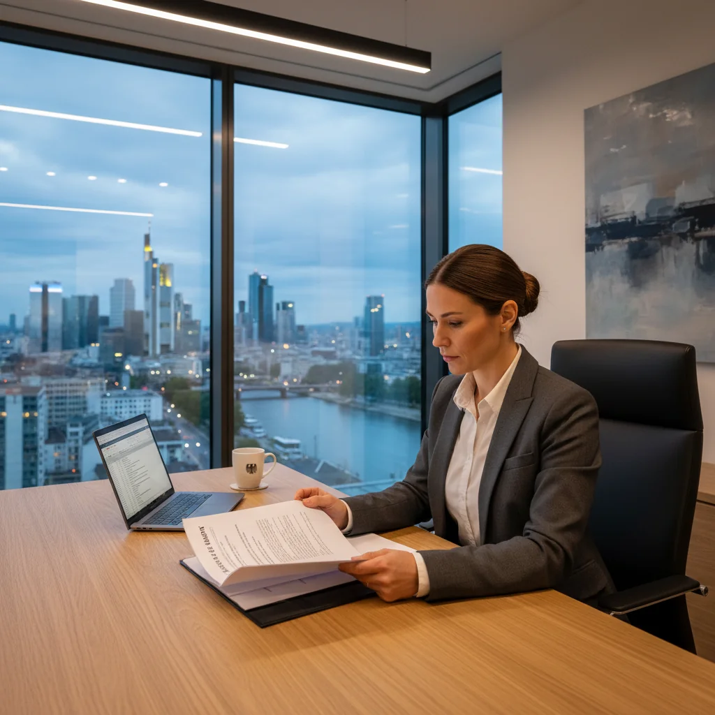 A photorealistic image of a professional adult woman in a modern German office setting, confidently reviewing a bail-related legal document on her desk with a subtle German flag in the background, symbolizing the purpose of maintaining bail confirmation in Germany. No children present.