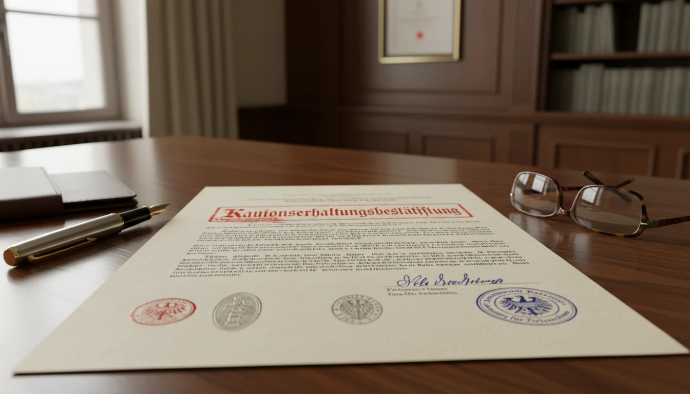 German legal document with Kautionserhaltungsbestätigung stamp