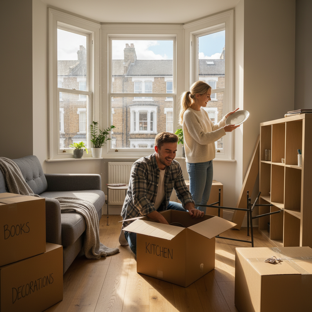 A photorealistic image of a young adult couple in a modern UK apartment, smiling as they unpack moving boxes and organize their new home, symbolizing the security and trust provided by a tenancy deposit receipt in the rental process.