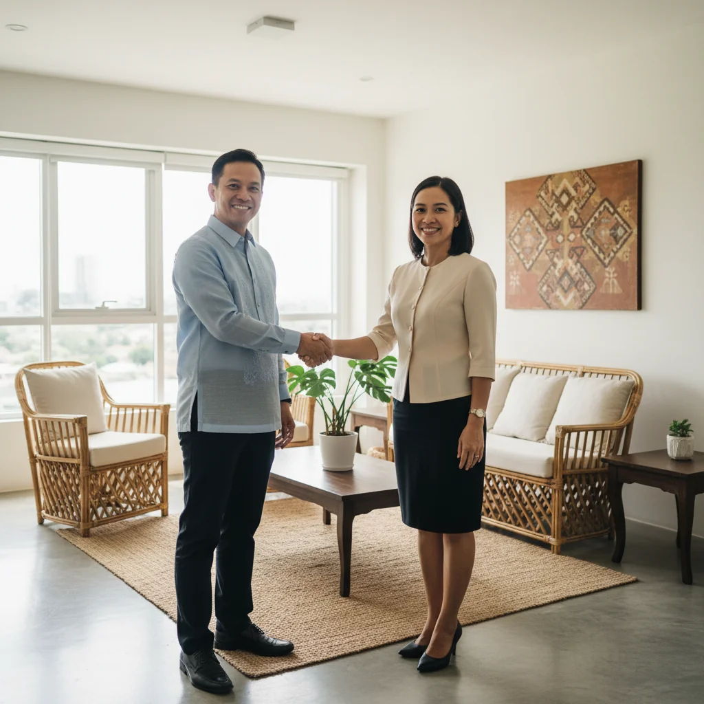 A photorealistic image depicting a secure and trustworthy rental process in the Philippines, showing an adult landlord and adult tenant shaking hands in a modern apartment setting, with a subtle background of a clean, well-maintained rental property interior, symbolizing the assurance provided by a security deposit receipt.