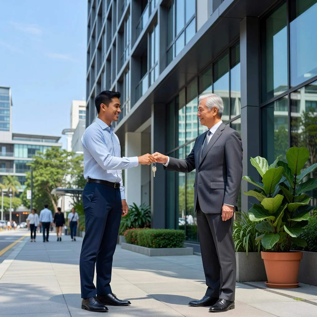 A photorealistic image representing the security deposit process for rental properties in Singapore, showing an adult tenant handing over keys to a landlord in front of a modern apartment building, symbolizing the exchange and security aspect of renting without focusing on any legal documents.