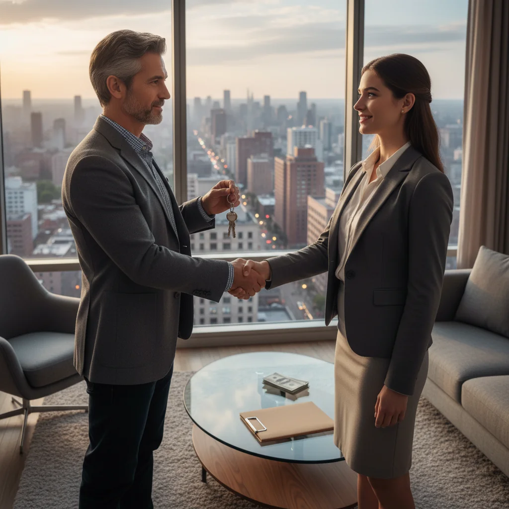 A photorealistic image of a professional adult landlord and tenant shaking hands in a modern apartment setting, symbolizing the agreement on a security deposit for renting a home in the United States. The scene conveys trust and security in housing rental, with elements like keys and a lease in the background, but no focus on the document itself. No children are present.