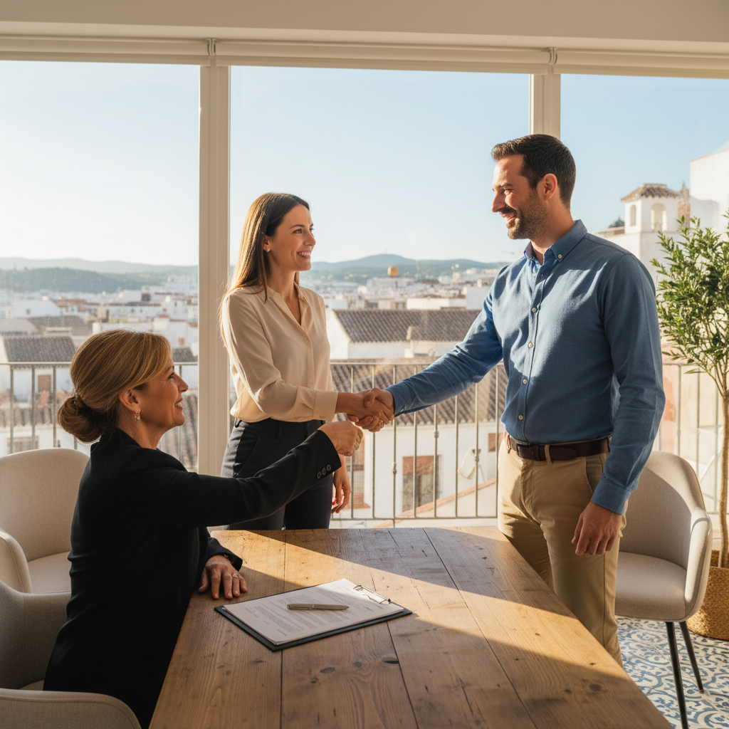 A photorealistic image of a professional couple in their 30s shaking hands with a real estate agent in a modern Spanish apartment, symbolizing the security and agreement provided by a tenancy bond receipt in Spain. The scene is bright and welcoming, with subtle Spanish architectural elements like tiled floors and balcony views, emphasizing trust and property rental without showing any documents or children.