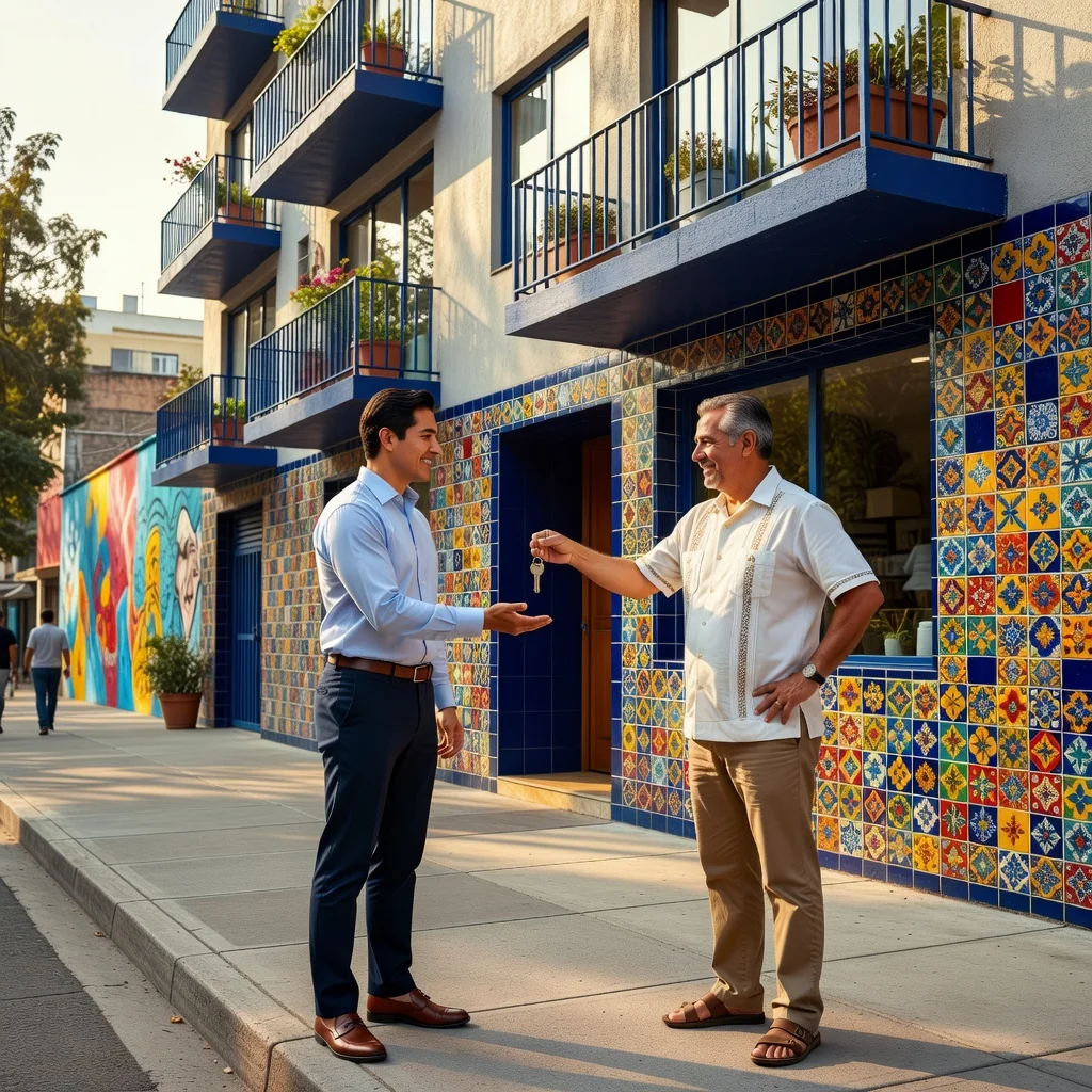 A photorealistic image representing the purpose of a security deposit receipt in Mexico, such as a tenant receiving keys to a modern apartment building in an urban Mexican neighborhood, symbolizing rental agreement and housing security, with no children present.