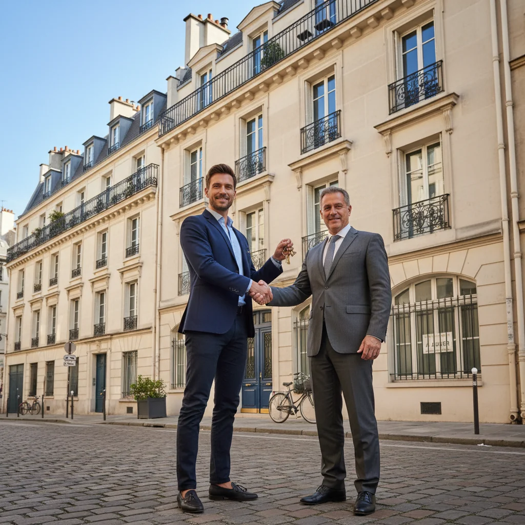 A photorealistic image representing the concept of a security deposit in French rental agreements, showing an adult tenant handing over keys to a landlord in front of a modern apartment building in France, symbolizing the trust and agreement in housing rentals.