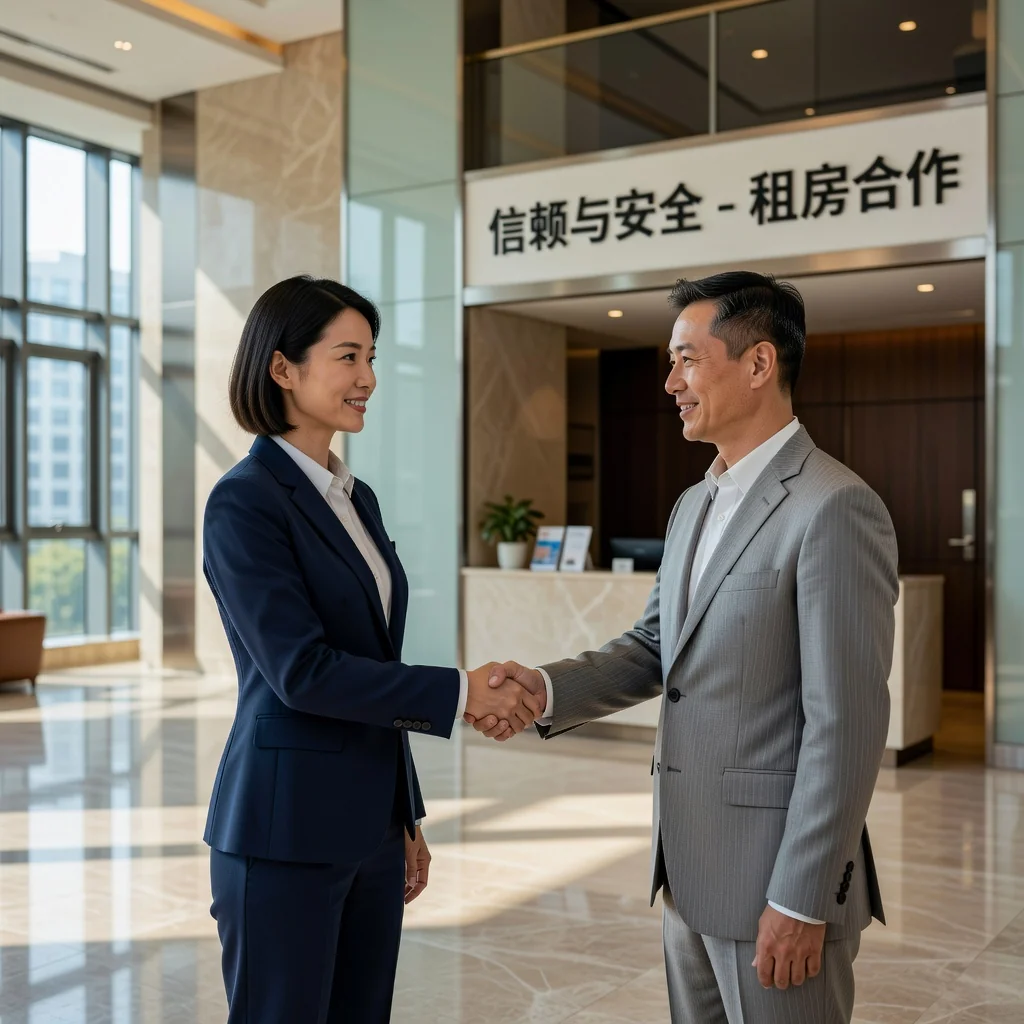 A photorealistic image of an adult Chinese individual in a professional setting, such as a real estate office or apartment viewing, symbolizing trust and security in rental agreements without showing any legal documents.