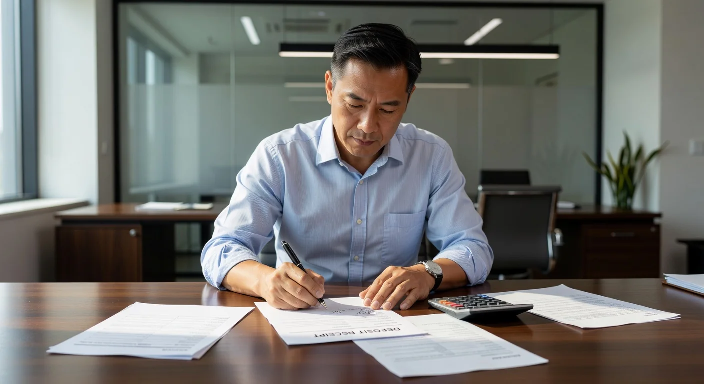 Person signing deposit receipt.