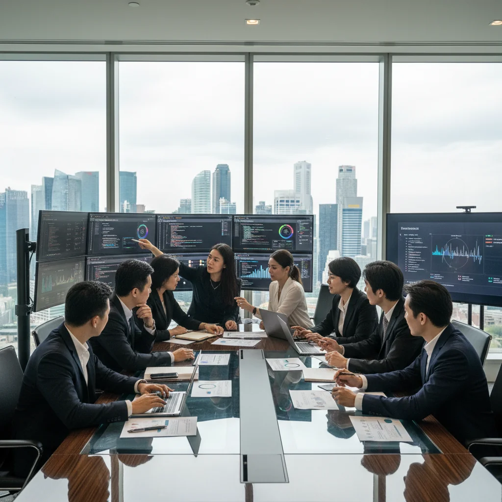 A photorealistic image of a professional quality assurance team in a modern Singapore office, reviewing processes on computers and whiteboards, symbolizing best practices in updating QA manuals. The scene includes diverse adults in business attire, with subtle Singapore elements like city skyline view, focusing on collaboration and precision without any documents visible.