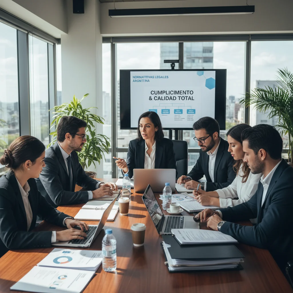 A photorealistic image of a professional business meeting in an Argentine company office, with adults in business attire discussing quality standards around a table, symbolizing compliance and legal requirements for quality manuals, no children present.