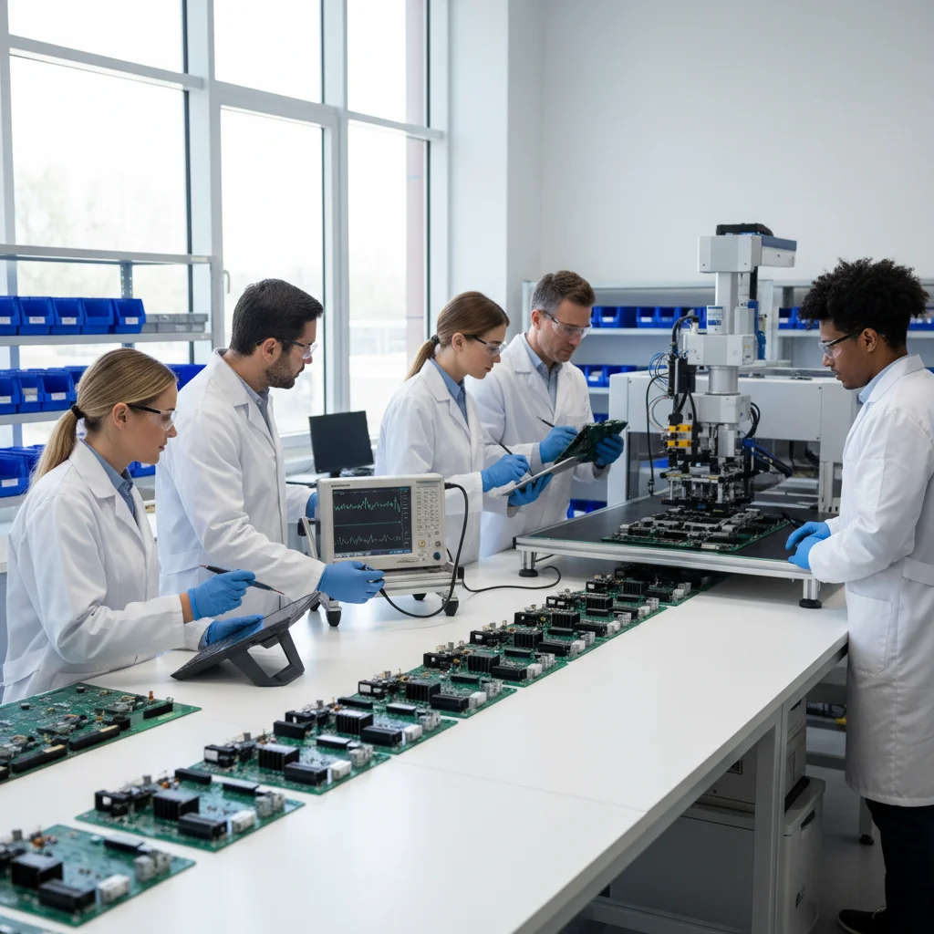 A photorealistic image of a professional quality assurance team in a modern manufacturing facility, meticulously inspecting high-precision electronic components on a production line, symbolizing the importance of quality control and assurance processes in ensuring product excellence and reliability.