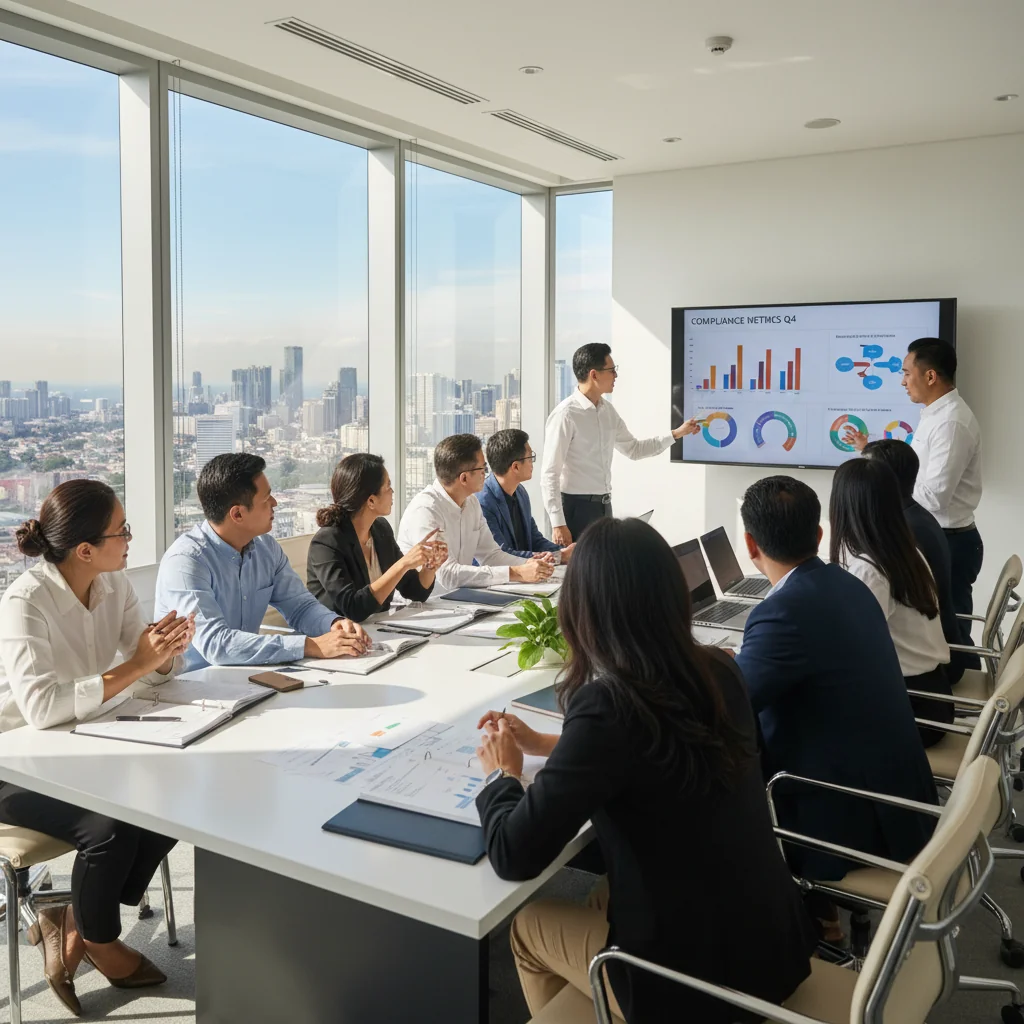 A photorealistic image of a diverse group of professional adults in a modern office setting in the Philippines, engaged in a compliance training session. They are reviewing guidelines on a large screen, looking focused and collaborative, with subtle Philippine cultural elements like a flag in the background, symbolizing quality assurance and regulatory adherence in a business environment. No children are present.